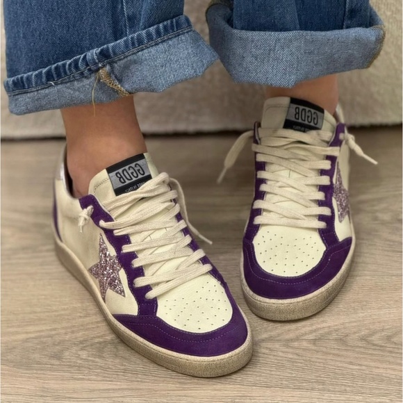 Golden Goose Ball Star Sneaker White Leather/Purple Suede/Glitter 40 New in Box - Picture 1 of 13